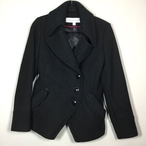 Trina Turk Lambswool black winter coat knitted collar and pockets Sz 6 80% wool